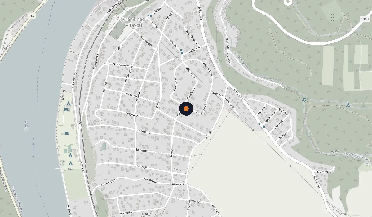 Mapa okolí adresy Kruhová 648, 252 46 Vrané nad Vltavou